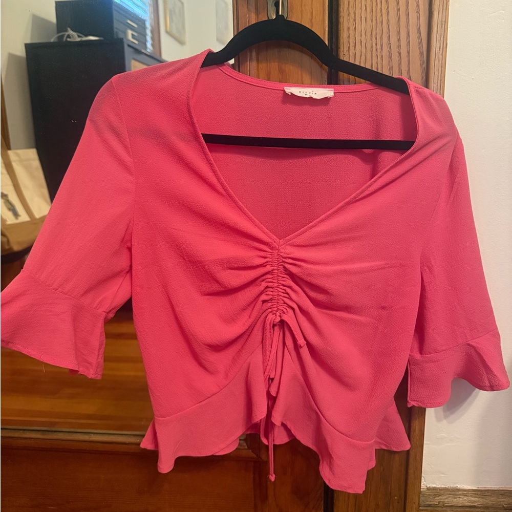 Pink Cinch Ruched Ruffle Half Sleeve Cropped Blouse